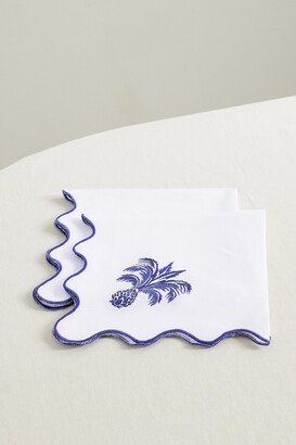 Aquazzura Casa - Ananas Set Of Two Scalloped Embroidered Linen Napkins - Blue