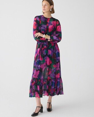 Long-sleeve chiffon midi dress in watercolor floral