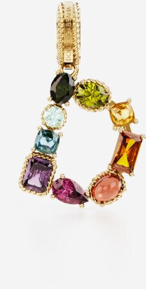 Rainbow alphabet D 18 kt yellow gold charm with multicolor fine gems-AA