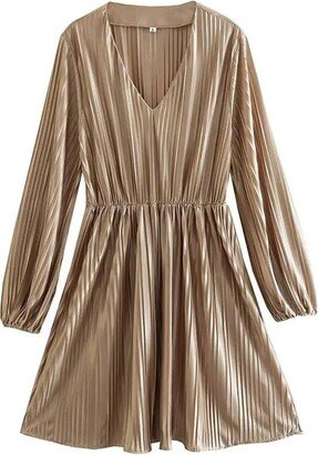 MorrEzu Women Elegant Pleated 's Mini Dress Vintage Oversized Long Sleeve Dresses Female V-Neck Waist Ladies Robe (Color : Khaki