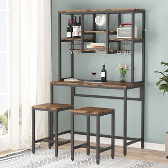 BLUEBELL Bar Table with 2 Chairs, Bar Desk with Hutch Storage Shelves Bar Set with Glass and Bottle Holder