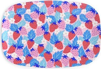 Serving Platters: Papercut Strawberries - Blue And Pink Serving Platter, Multicolor