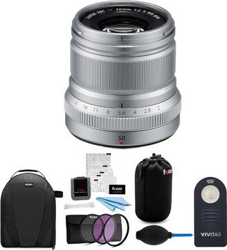 Fujifilm XF50mm f/2 R WR Lens (Silver) with Backpack and Lens Pouch Bundle