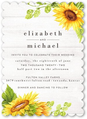 Wedding Invitations: Bright Sunflower Wedding Invitation, White, 5X7, Pearl Shimmer Cardstock, Scallop