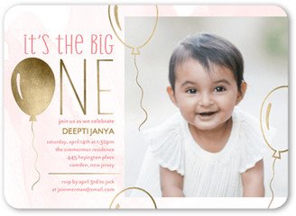 Baby Girl's 1St Birthday Invitations: One Big Balloon Girl Birthday Invitation, Pink, 5X7, Matte, Signature Smooth Cardstock, Rounded