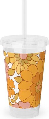 Travel Mugs: Avery Retro Floral Acrylic Tumbler With Straw, 16Oz, Orange