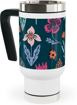 Travel Mugs: Spring Botanicals Linocut - Multi Travel Mug With Handle, 17Oz, Multicolor