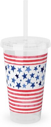 Travel Mugs: Watercolor Stars And Stripes - Red White And Blue Acrylic Tumbler With Straw, 16Oz, Red