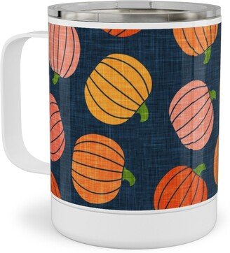 Travel Mugs: Pumpkin Toss - Orange On Blue Stainless Steel Mug, 10Oz, Orange