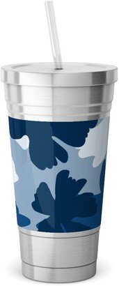 Travel Mugs: Barely Blue Floral Stainless Tumbler With Straw, 18Oz, Blue