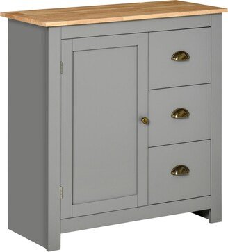 Homcom Modern Kitchen Cabinet, Storage Sideboard, Buffet Table with Rubberwood Top, 3 Drawers and Cabinet with Adjustable Shelf, Grey