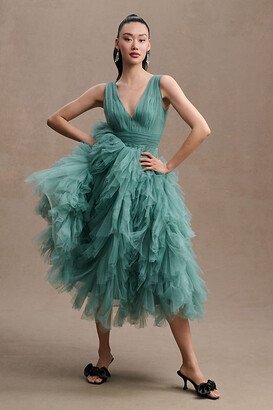 A-Line Deep-V Ruffled Tulle Midi Dress