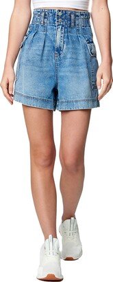 Womens Luxury Clothing High Rise Elastic Waistband Cargo Denim Short