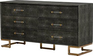 Cid Jon 63 Inch Dresser, 6 Drawers, Modern Classic, Faux Leather, Grey, Gold