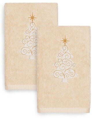 Christmas Scroll Tree Party Embroidered White Turkish Cotton Hand Towels - Set of 2