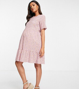 Pieces Maternity mini smock dress in pink ditsy floral