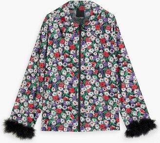 Feather-trimmed floral-print shell jacket