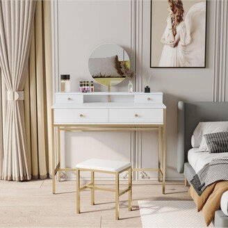 Simplie Fun White, modern and simple vanity with stool, solid metal frame, large round mirror and storage space