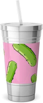 Travel Mugs: Pickles - Pink Stainless Tumbler With Straw, 18Oz, Pink