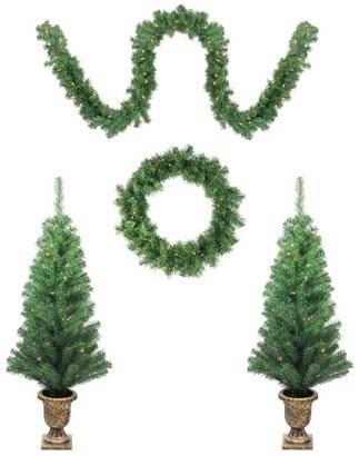 Northlight 5-Piece Artificial Winter Spruce Christmas Trees Wreath and Garland Set - Clear Lights