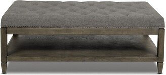 Sylvan Farmhouse Oak Tufted Cocktail Storage Ottoman, Dark Heathered Grey Linen