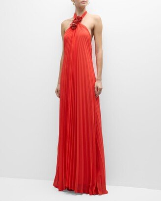 Billie Low-Back Pleated Flower Halter Gown