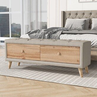 Aoolive Upholstered Wooden Storage Ottoman Bench with 2 Drawers for Bedroom, Padded Ottoman Seat with Rubber Wood Leg