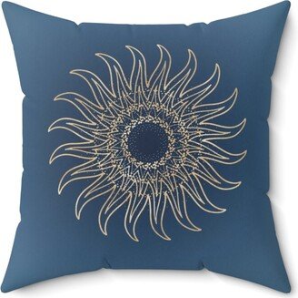 Boho Couch Throw Decorative Pillow | Abstract Denim Blue, Gold Beige Sun Bohemian Minimalist Square, Lumbar, Living Room Decor
