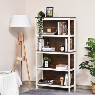 HOMCOM 4 Tier Bookshelf Utility Storage Shelf Organizer with Back Support and Anti-Topple Design Walnut/White