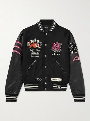 Appliquéd Embroidered Wool-Blend Twill and Leather Varsity Jacket-AB