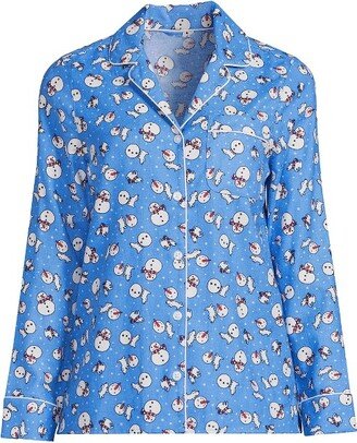 Land' End Women' Long Sleeve Print Flannel Pajama Top - Medium - Chicory Blue Snowman