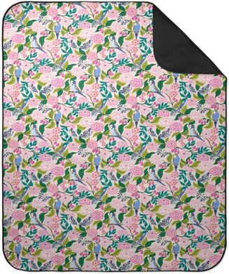 Picnic Blankets: Budgies And Butterflies - Pink And Green Picnic Blanket, Pink