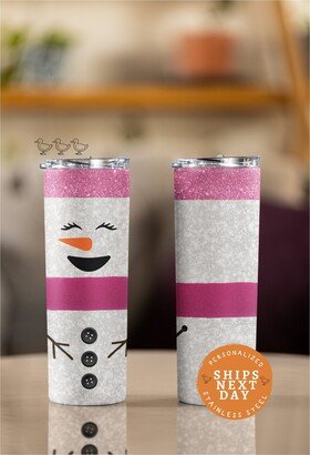 Christmas Tumbler, Snowman Tumbler For Her, Holiday Gift, Present Gift Glitter Pink