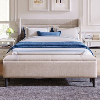 NOVABASA Modern Upholstered Wingback Bed Frame with Storage Wood Plattform Bed with Headboard No Box Spring Needed Queen