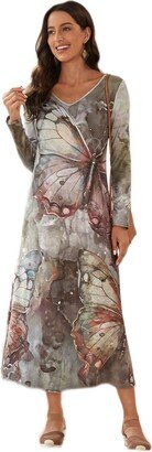 ESENTL Women's Dresses Butterfly Print V Neck Dress - Casual Long Sleeve Tee Dress Dress for Women (Color : Multicolor