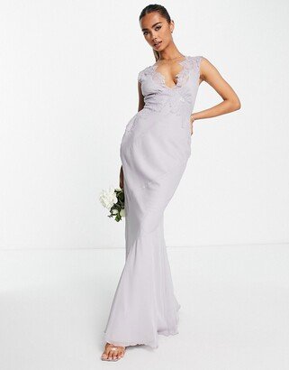 Bridesmaid bias cut chiffon maxi dress with applique lace in lilac