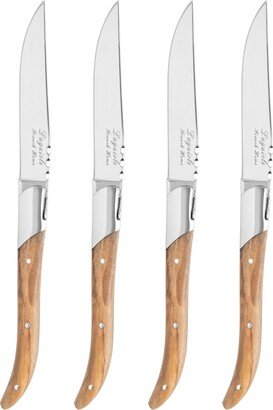 Stainless-Steel Laguiole Set of 4 Connoisseur Steak Knives with Olive Wood Handles