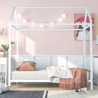 IGEMAN Height Adjustable Twin Size Kids House Bed Frame Metal Floor Platform Bed for Boys Girls, No Box Spring Needed, Silver