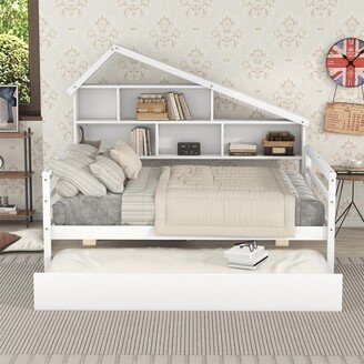 Joliwing Full Size Platform Bed,House Shaped Bed with Trundle For Kids,White