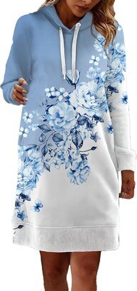 BLUBUKLKUN amazon warehouse sale clearance Long Hoodies for Women Fall Winter 2023 Windproof Fashion Long Sleeved Floral Print Long Skirt Thick Hoodies (Blue