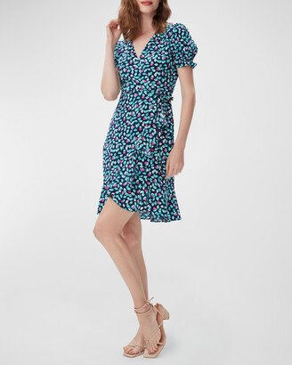 Printed Puff-Sleeve Flounce Mini Wrap Dress