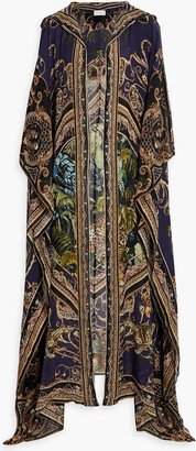 Embellished printed silk-chiffon hooded kaftan