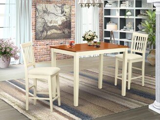 Yarmouth 3 Piece Kitchen Counter Height Dining Set Contains a Rectangle Pub Table and 2 Linen Fabric Upholstered Chairs