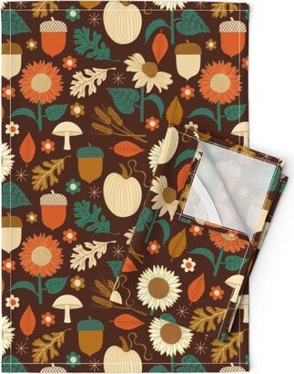 70S Autumn Vibes Tea Towels | Set Of 2 - Mod October By Ruby Ritz Leaves Fall Sunflowers Linen Cotton Spoonflower