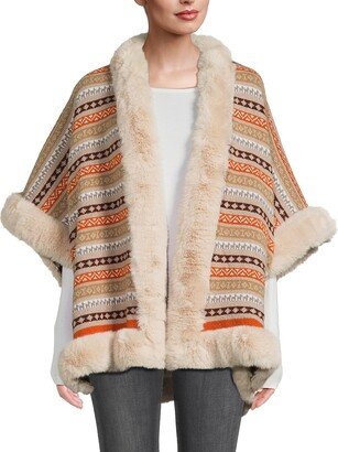 Print Faux Fur Trim Ruana