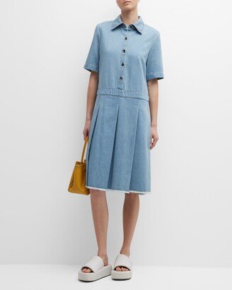 Short-Sleeve Pleated Denim Midi Dress