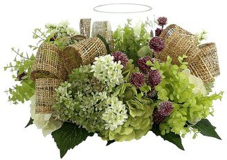 Creative Displays Hydrangea, Eucalyptus And Lilac Glass Candle Holder Centerpiece With Bows