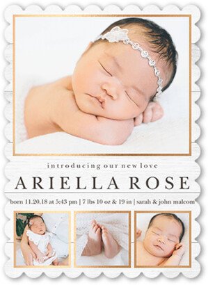 Birth Announcements: Rustic Arrival Birth Announcement, White, 5X7, Pearl Shimmer Cardstock, Scallop