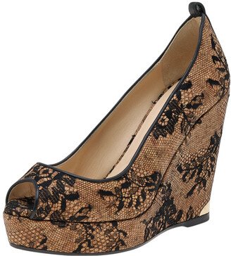 Beige/Black Lace And Cork Pacific Platform Peep Toe Pumps Size 38