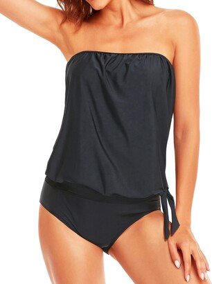 Two Piece Bandeau Tankini Swimsuits for Women Strapless Bathing Suits Blouson Swim Top with Bikini Bottoms Teen Girl